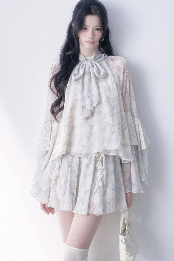 Retro Patchwork Ruffle Blouse Skirt Set-Up