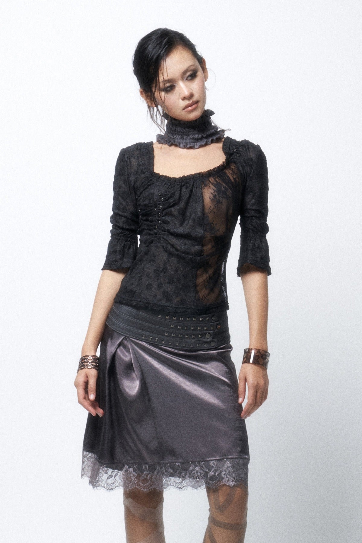 Multi-Layered Rivet Patchwork Satin Skirt