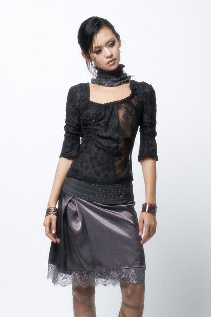 Multi-Layered Rivet Patchwork Satin Skirt