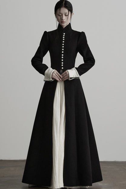 100% Wool Stand Collar Tie-Back Long Coat