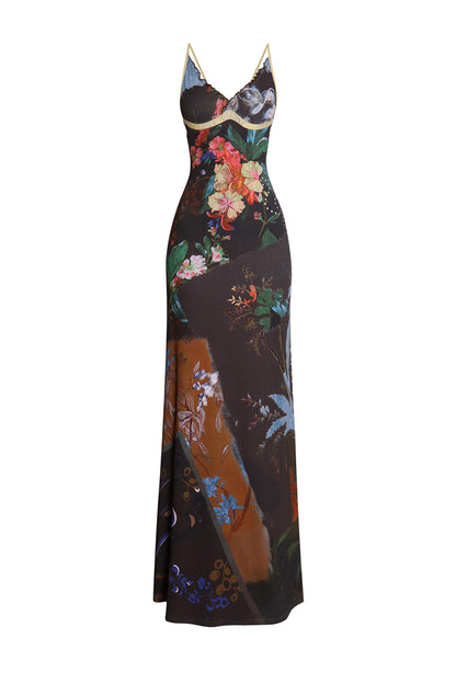 Chinese Print Lace Slip Dress
