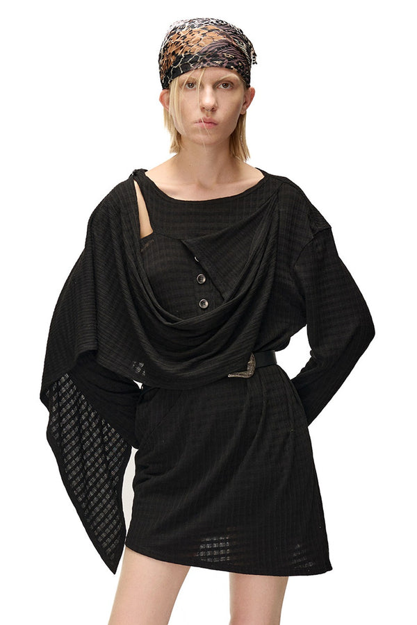 Multi-Wear Layered Waffle Off-Shoulder Ribbon Irregular Dress