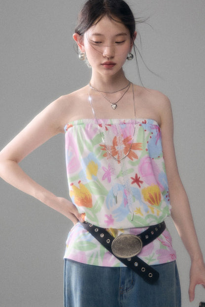 Hand-Painted Bird And Flower Print Skirt