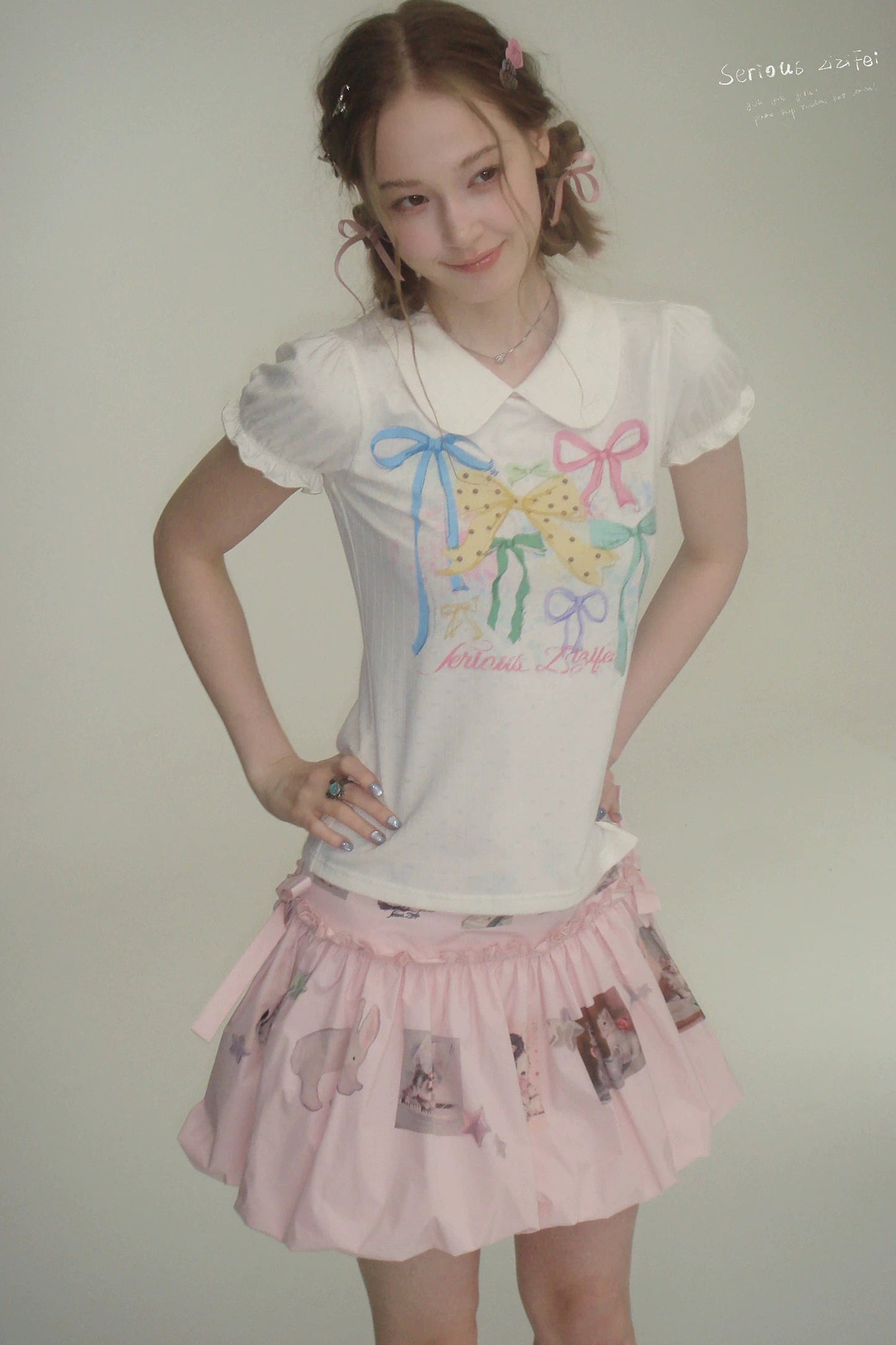 White Floral Bow Puff Sleeve T-Shirt