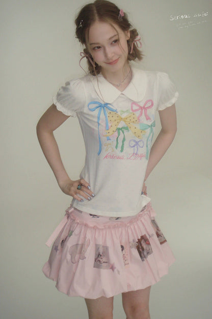 White Floral Bow Puff Sleeve T-Shirt