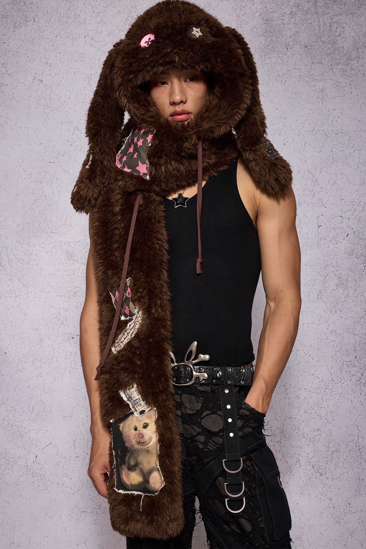 Brown Patchwork Lop-Eared Rabbit Hooded Scarf