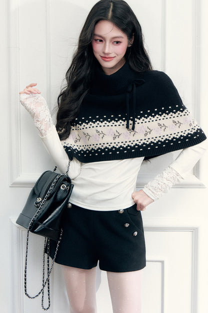 Black Woolen Double-Breasted A-Line Shorts