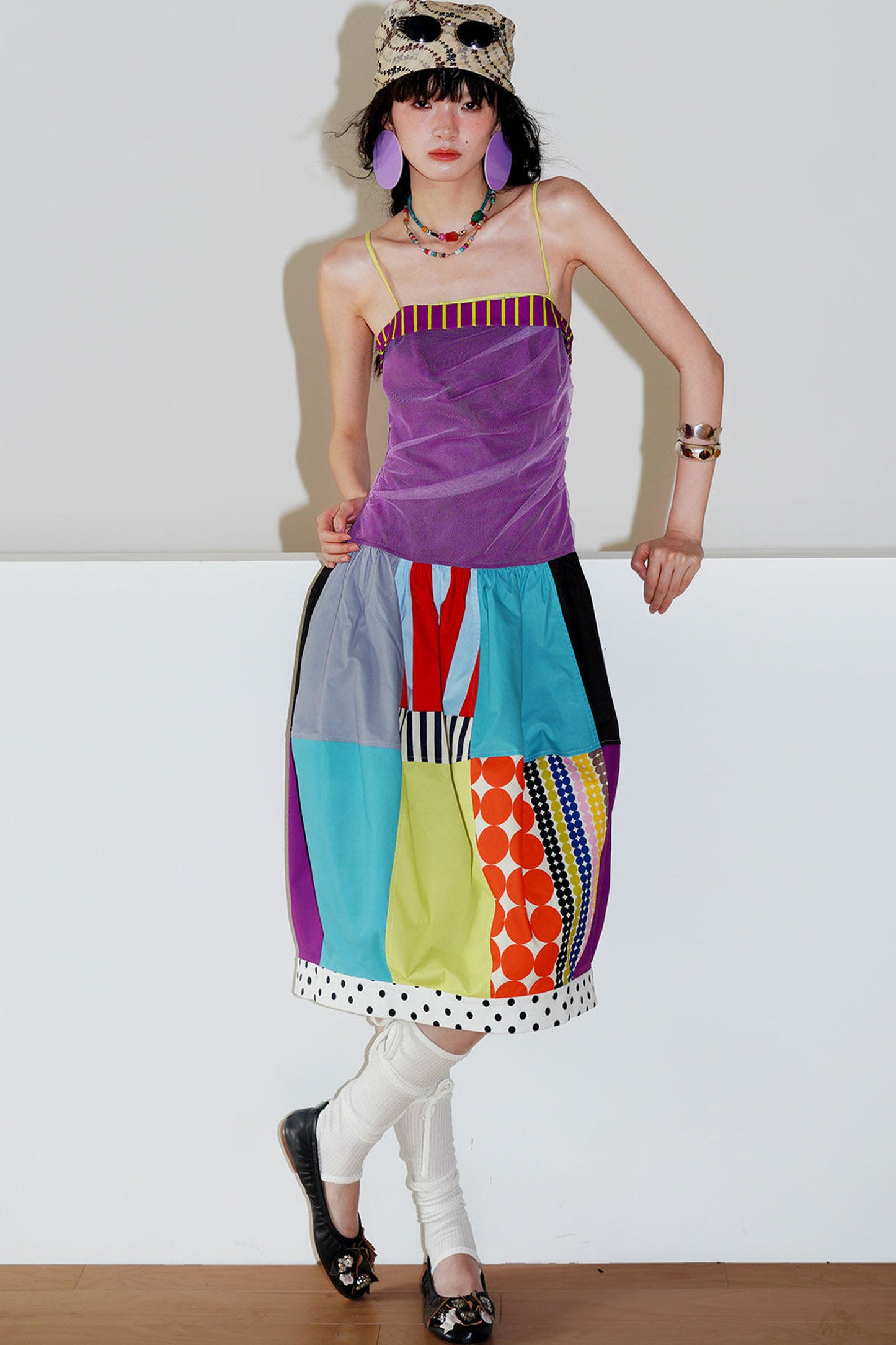 Patchwork Pleated Balloon Dress