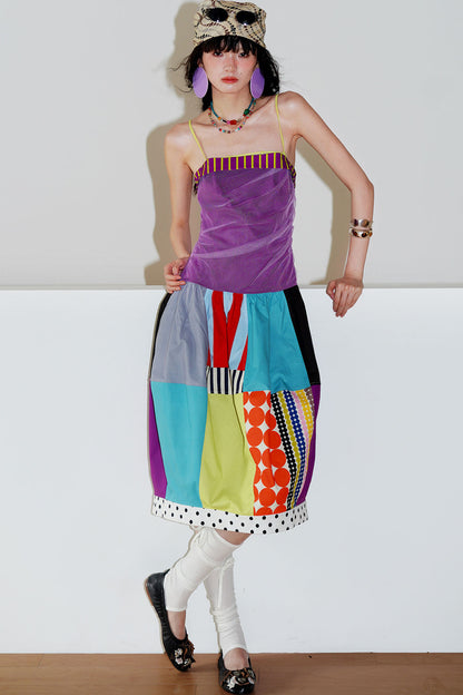 Patchwork Pleated Balloon Dress