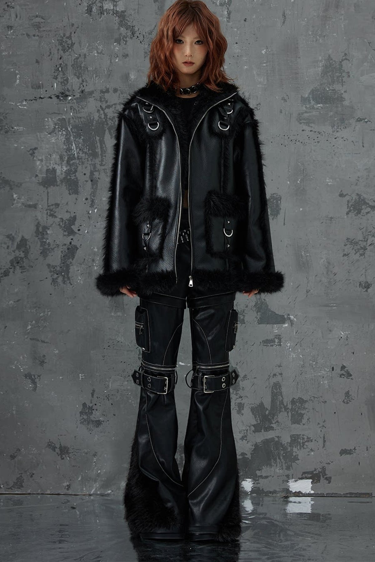 Dark Punk Metal Leather Fur Jacket