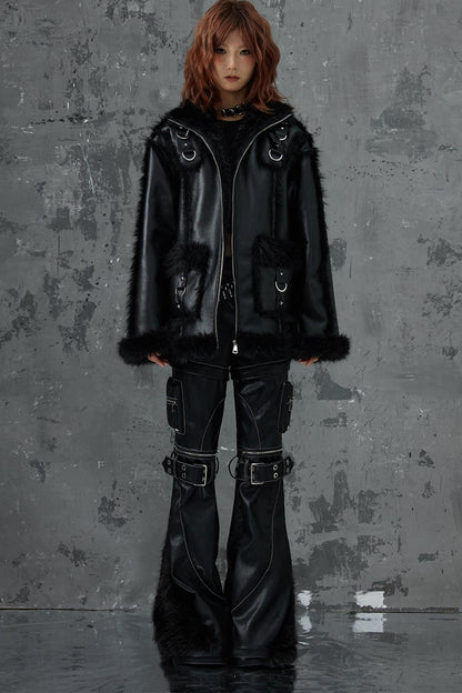 Dark Punk Metal Leather Fur Jacket