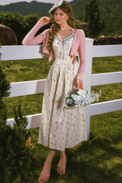 Floral Printed Fishbone Camisole Dress and Pink Cardigan Set-Up