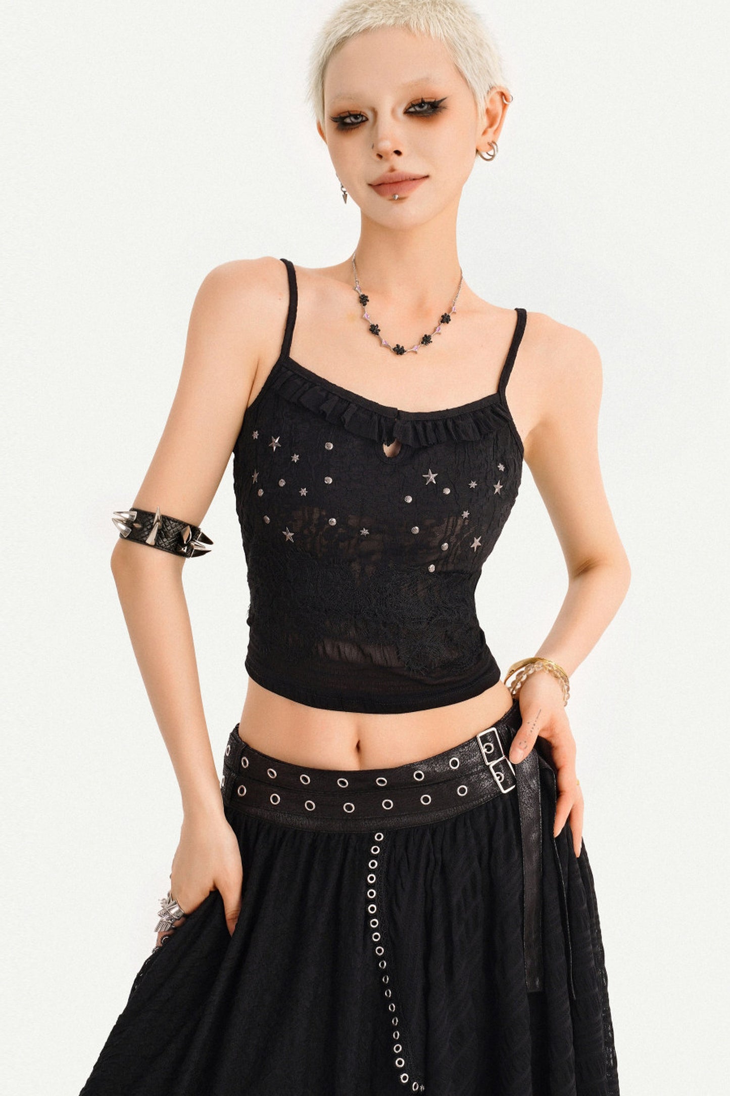 Star Embellished Camisole Cardigan And Long Skirt Set-Up