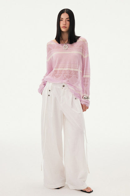 Pink Knit Hollow-Out Crochet-Style Pullover Top
