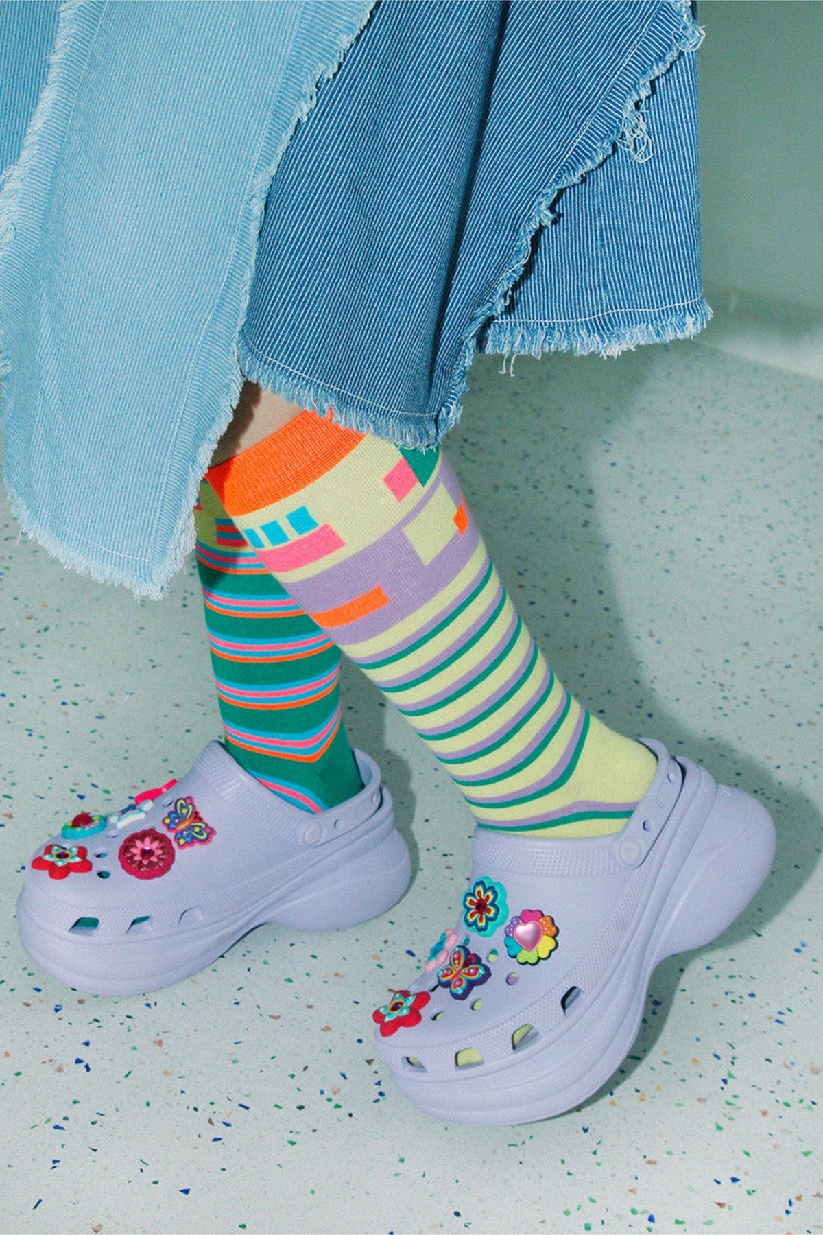 Asymmetrical Striped Cotton Calf Socks