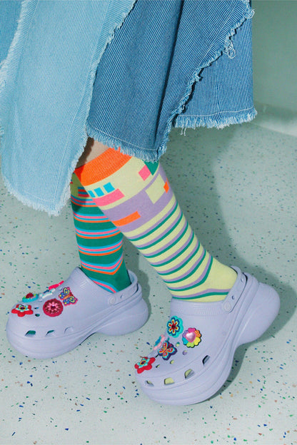 Asymmetrical Striped Cotton Calf Socks