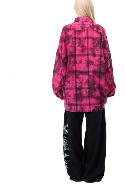 Distressed Pink Plaid Blouse