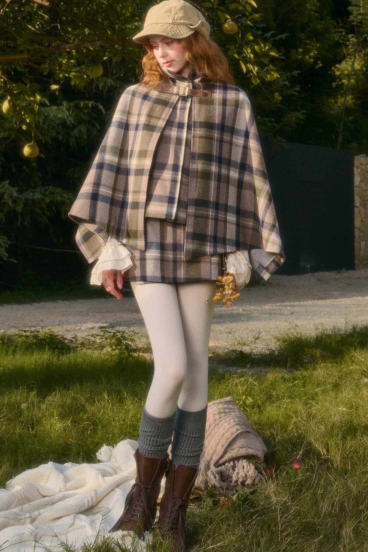 Detachable Plaid Cape Vest And A-Line Skirt Set-Up