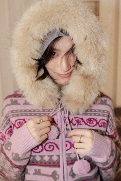Detachable Fur Collar Fair Isle Hooded Cardigan