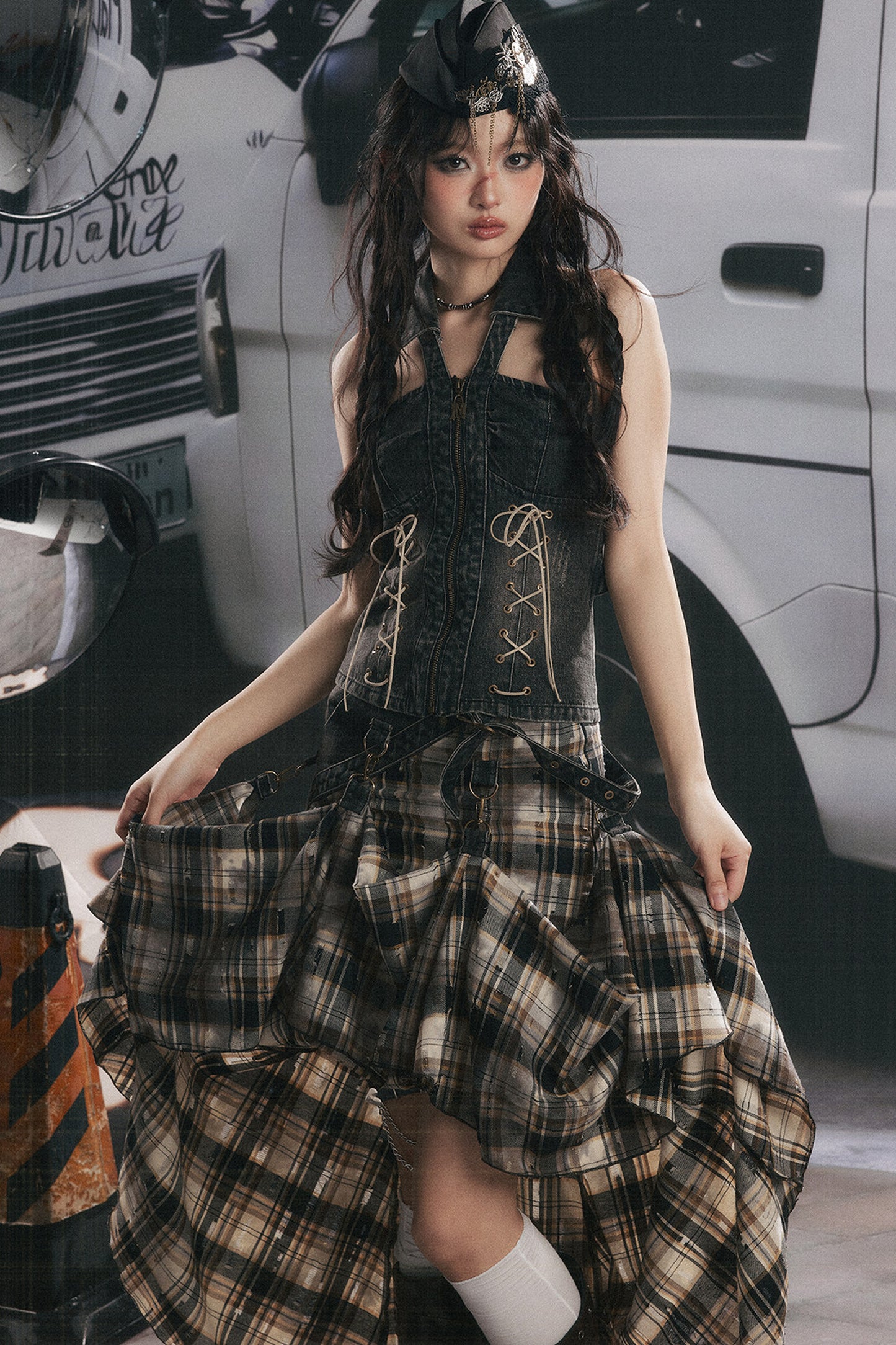 Retro Plaid Asymmetrical Denim Skirt