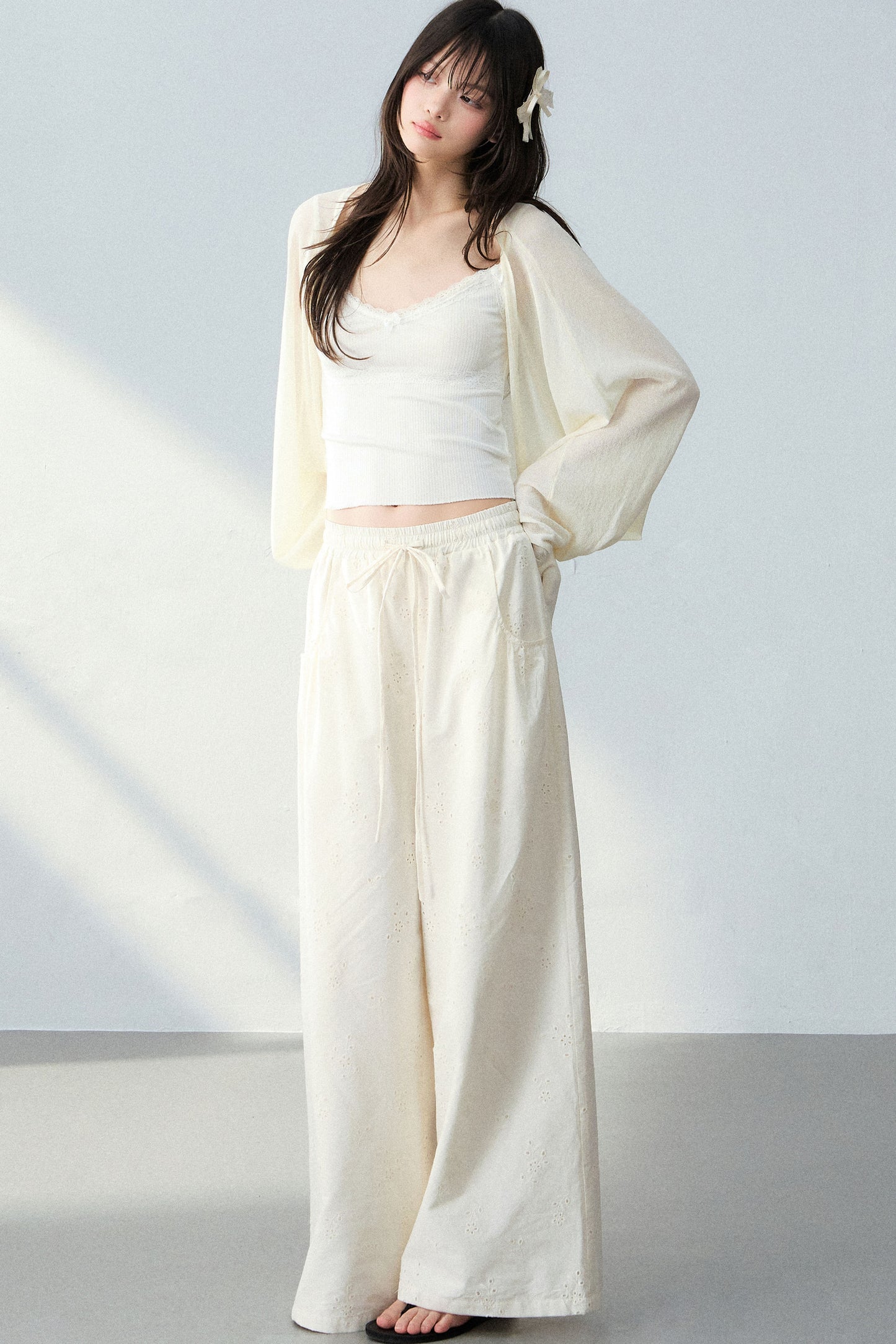 Batwing Cardigan & Camisole With Hollow Out Floral Pants Set-Up