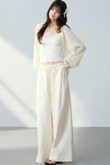 Batwing Cardigan & Camisole With Hollow Out Floral Pants Set-Up