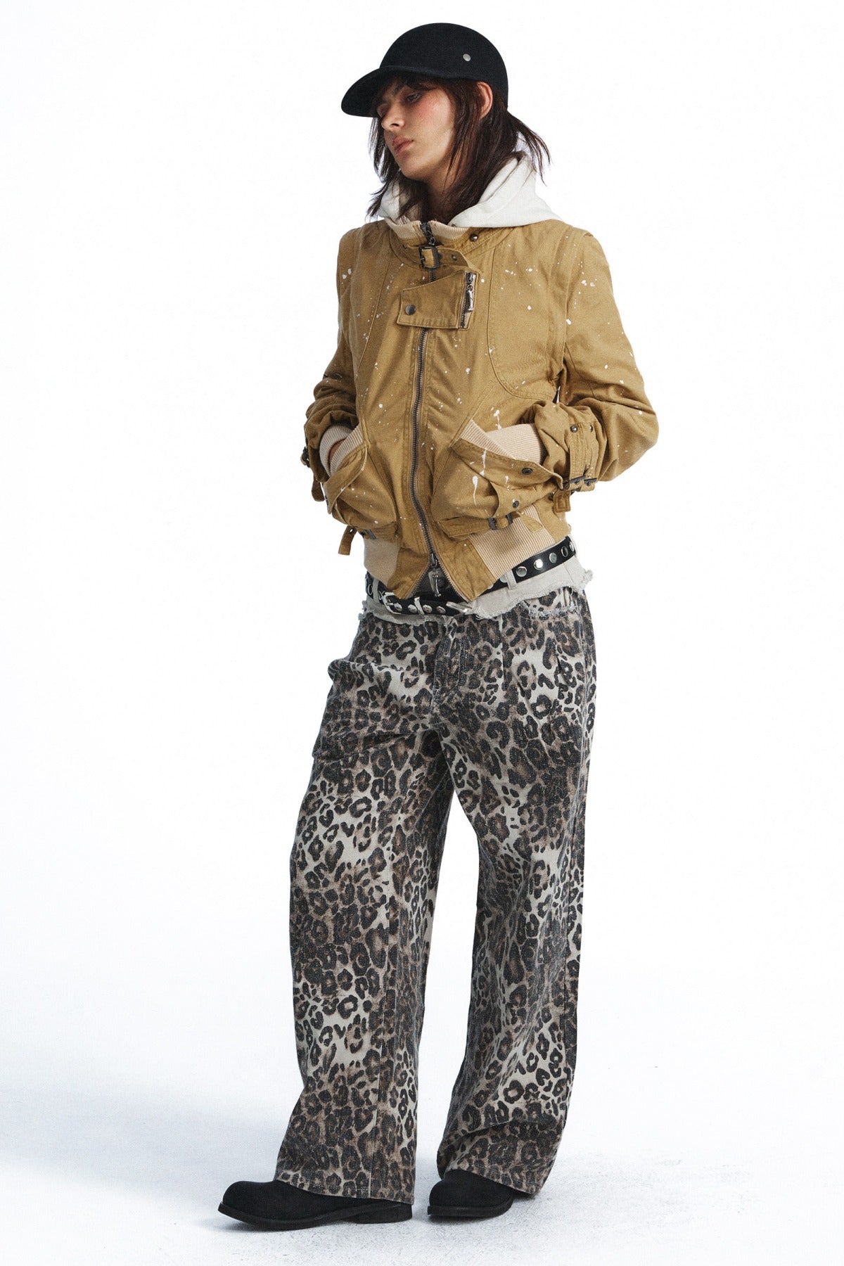Leopard Print Double-Waistband Wide-Leg Jeans