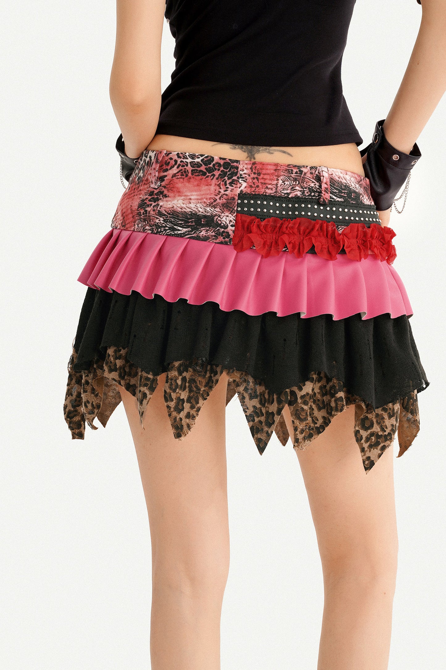 Y2K Leopard Patchwork Ruffle Skirt