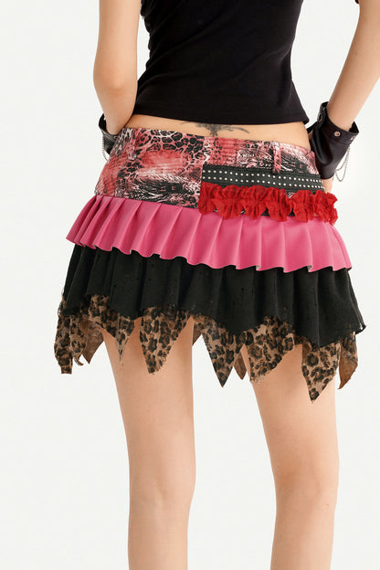 Y2K Leopard Patchwork Ruffle Skirt