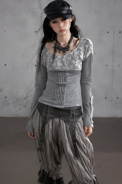 蕾絲拼接刺繡Long sleeve針織上衣