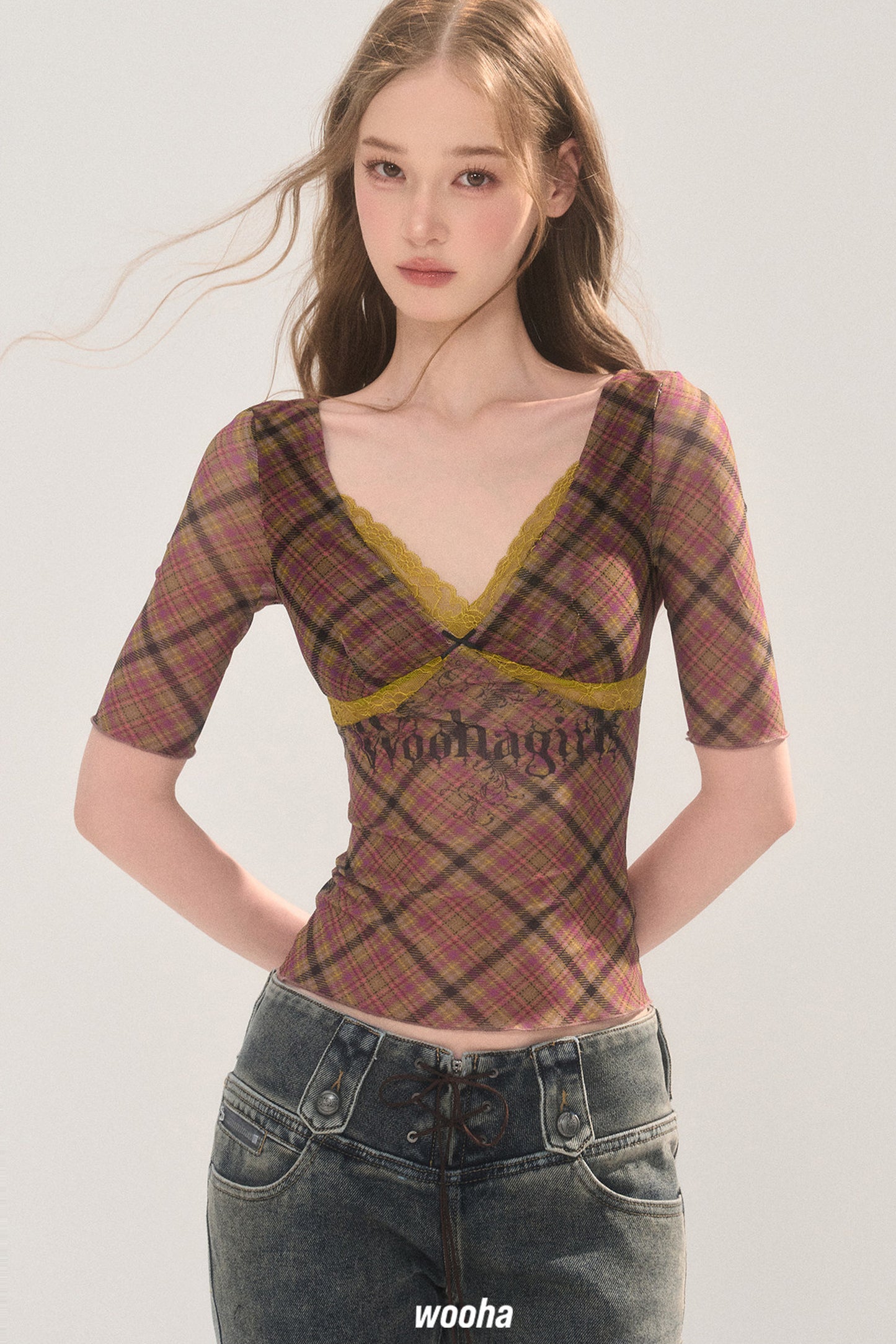 Plaid Mesh Chest Pad Top