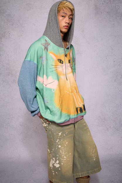 Cat Print Patchwork Sweatshirt Jacket