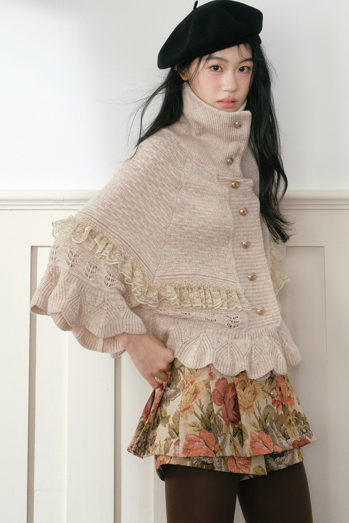 Oatmeal Ruffled Knit Cape Sweater