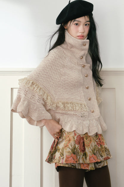 Oatmeal Ruffled Knit Cape Sweater
