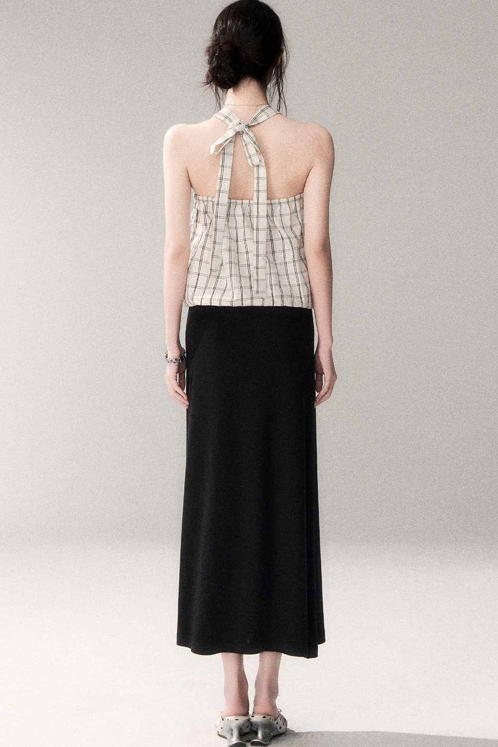 Textured Cotton Plaid Halter Camisole