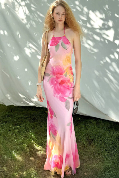 Watercolor Floral Halter Maxi Dress
