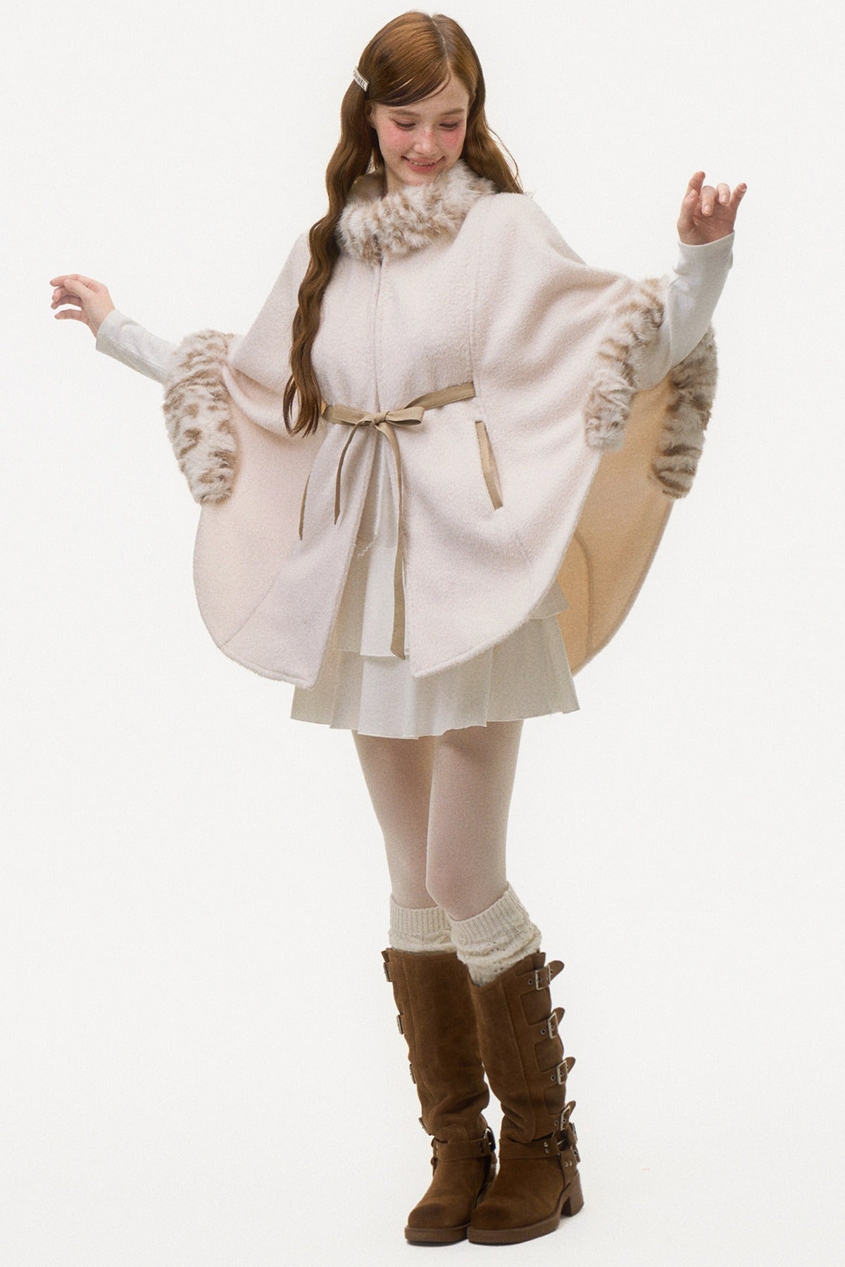 Leopard Print Fur Spliced Wool Cape
