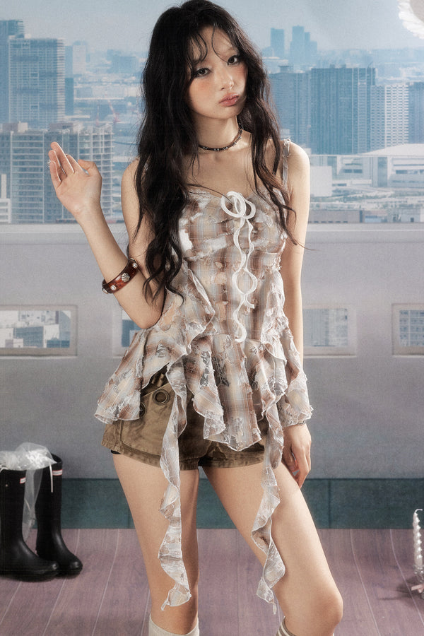Ribbon Ripped Plaid Camisole