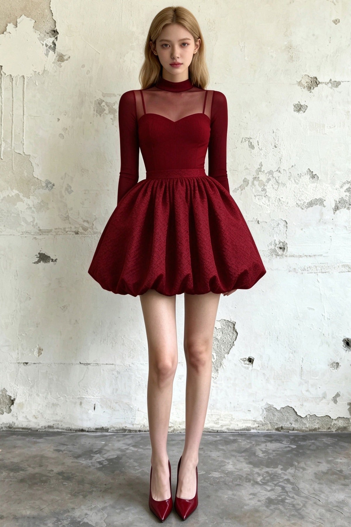 Straight Velvet High Neck Puff Dress