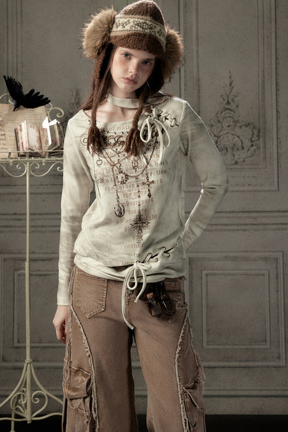 Letter Print Layered-Look Off-Shoulder Long-Sleeve T-shirt