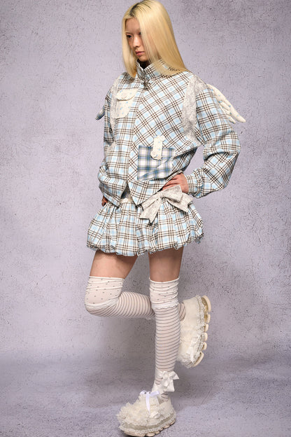 Jacke mit Engelsflügeln, Karomuster, Patchwork und Strass