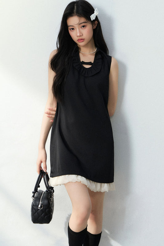 Bowknot Ruffle A-Line Black Dress