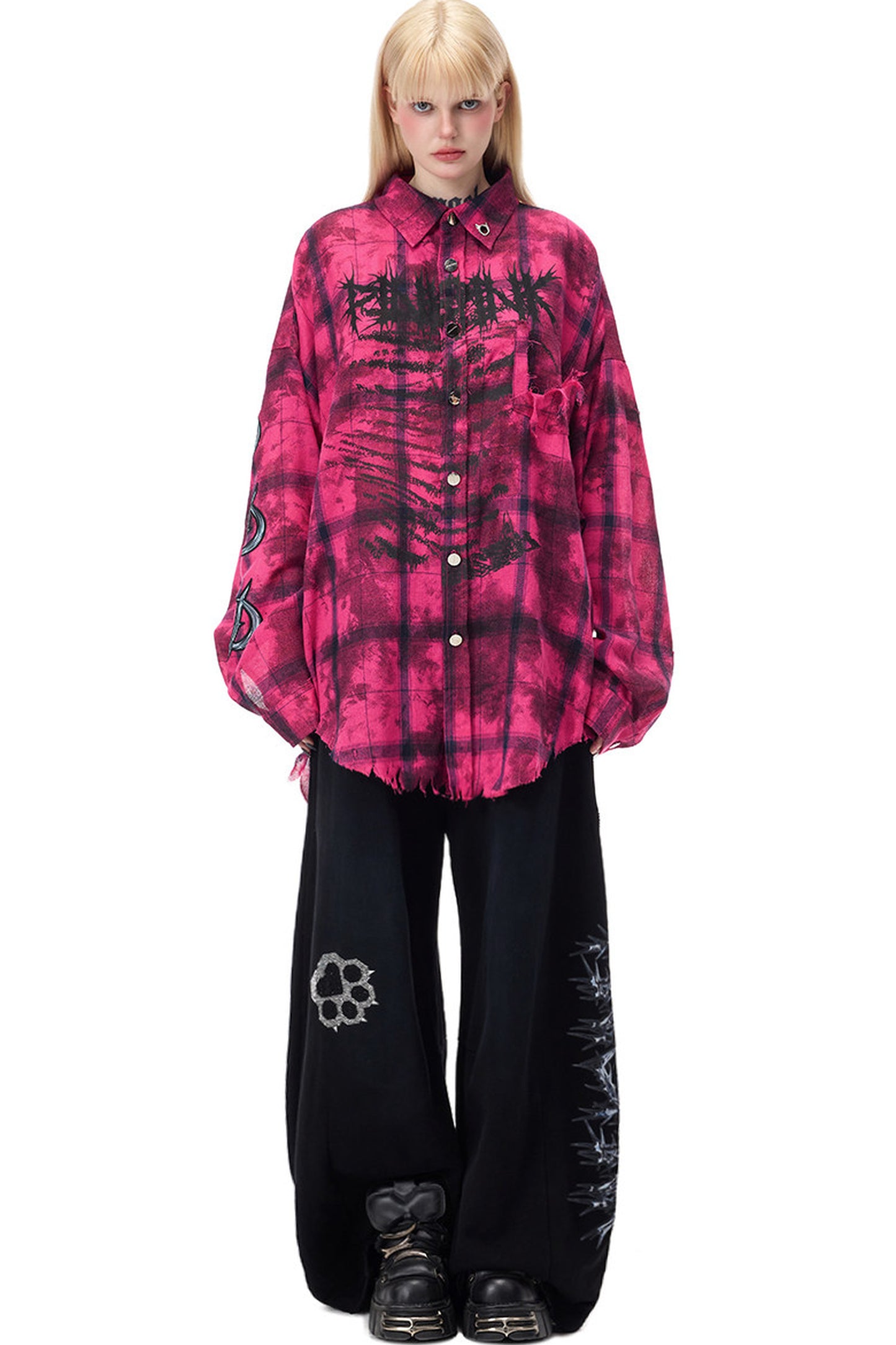 Distressed Pink Plaid Blouse