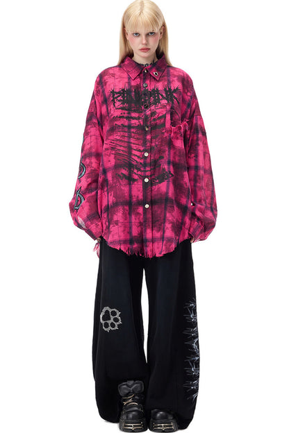 Distressed Pink Plaid Blouse