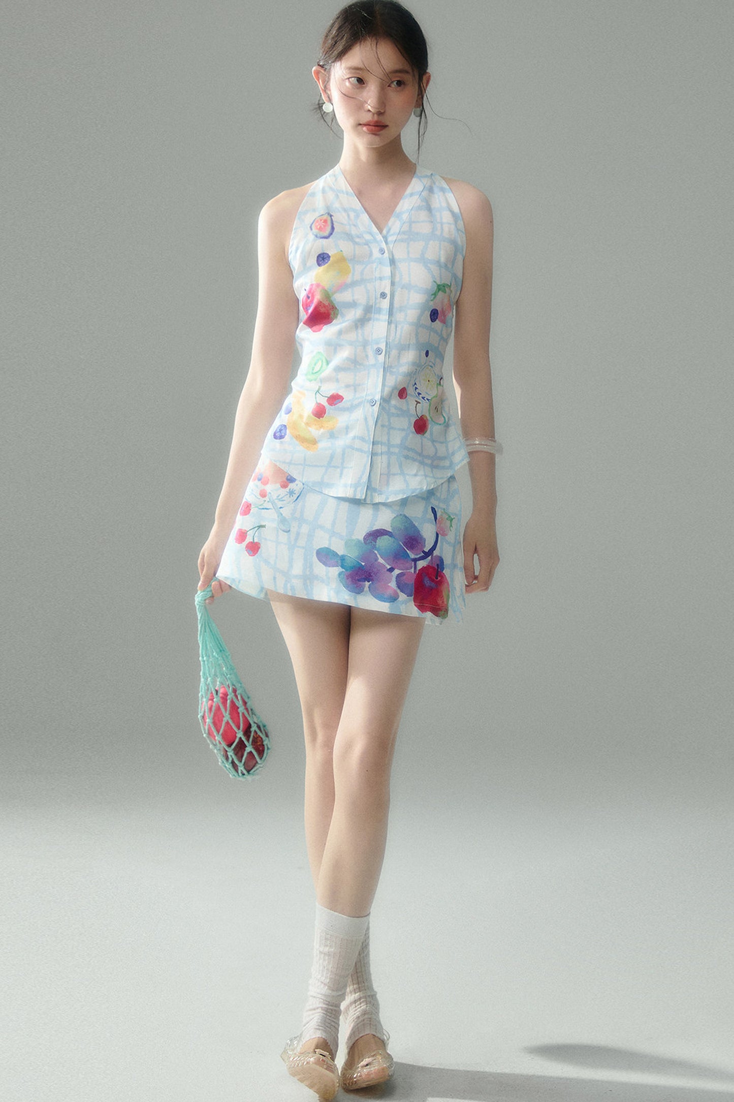 Fruit Print Halter Top and Skirt Set-Up
