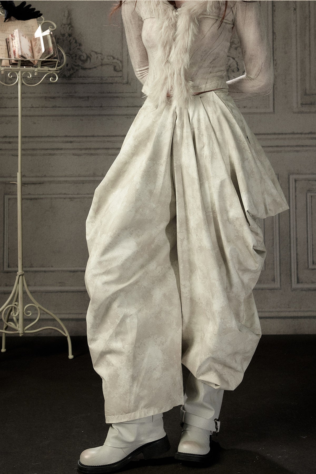 Beige Asymmetrical Stacked Long Pants