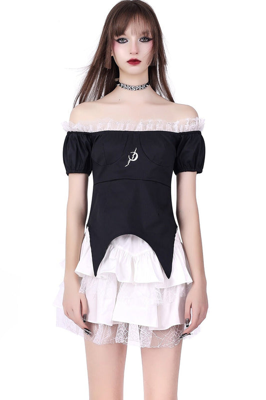 Detachable Dark Lolita Off-Shoulder Bow Top and Skirt Set
