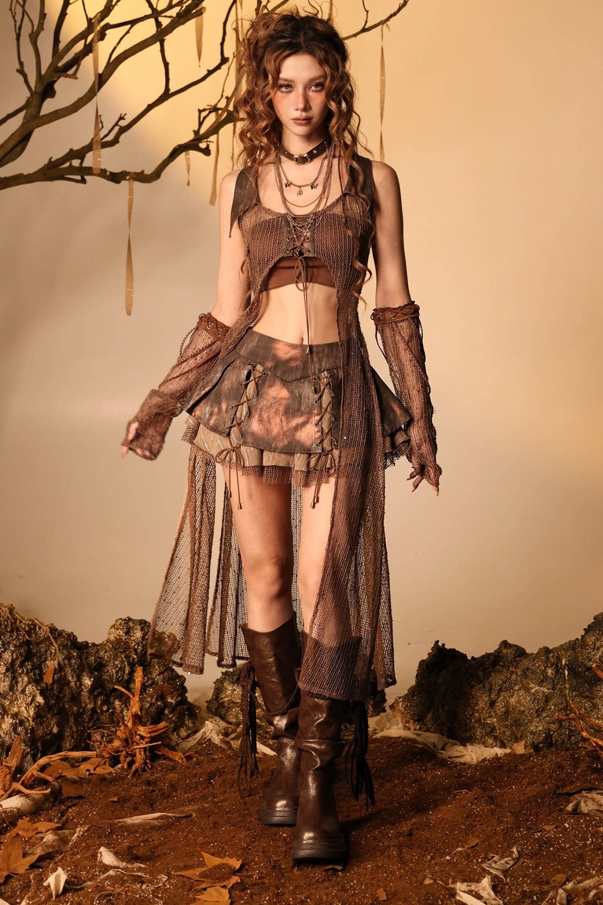 Ember Wasteland Mesh Hollow-Out Long Vest Set-Up
