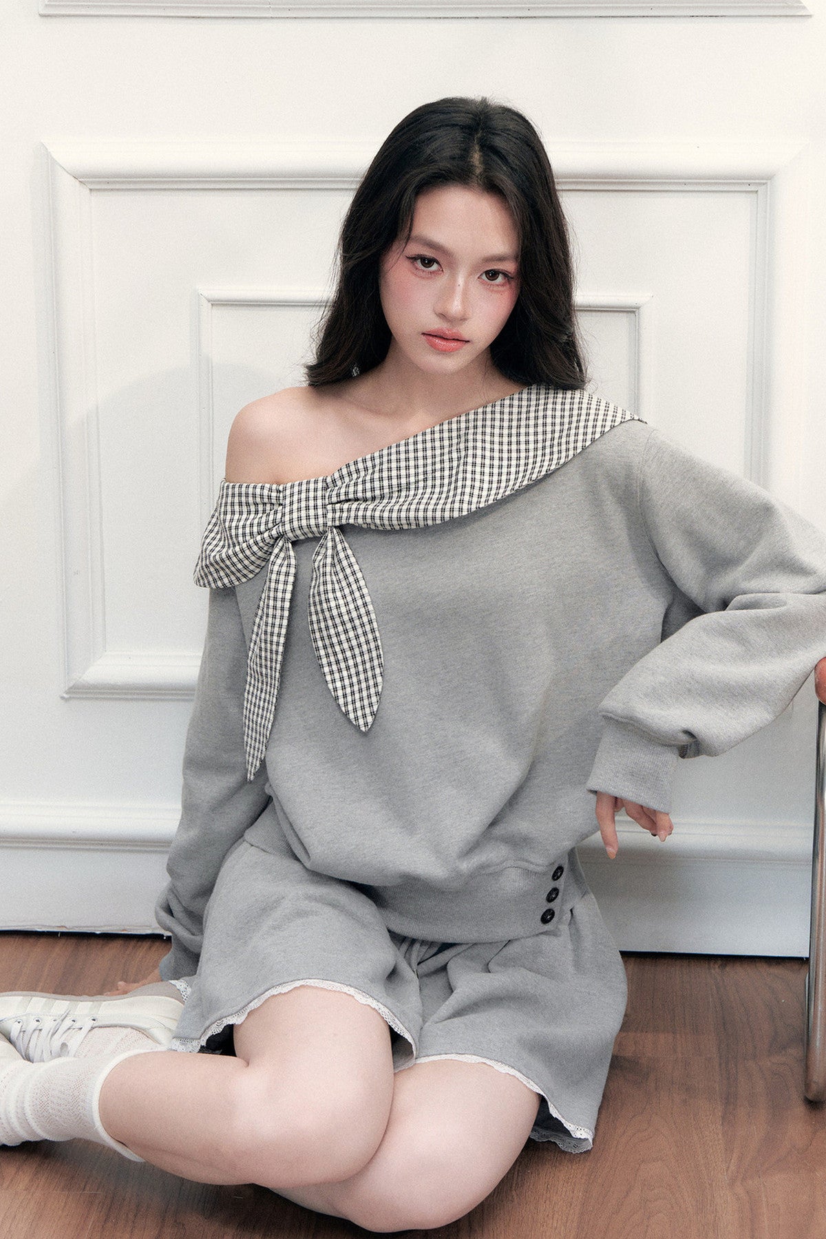 Off-Shoulder Plaid Patchwork Sweatshirt Skirt Set-Up