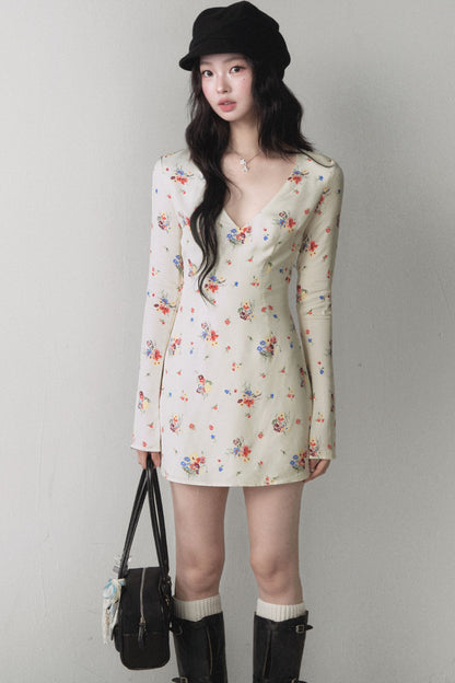 Colorful Floral V Neck A Line Dress